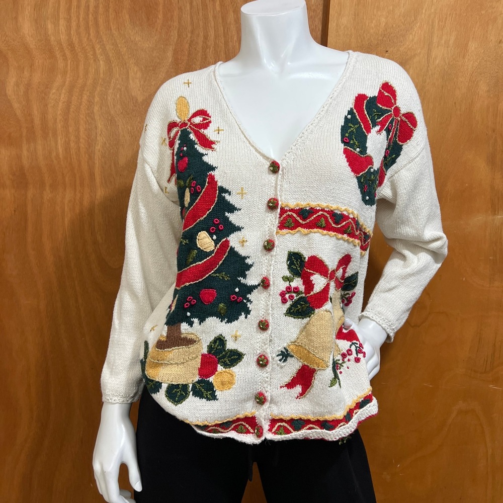 Laura Tyler Women's Large Vintage Ugly Christmas Sweater Knit Cardigan Wreath